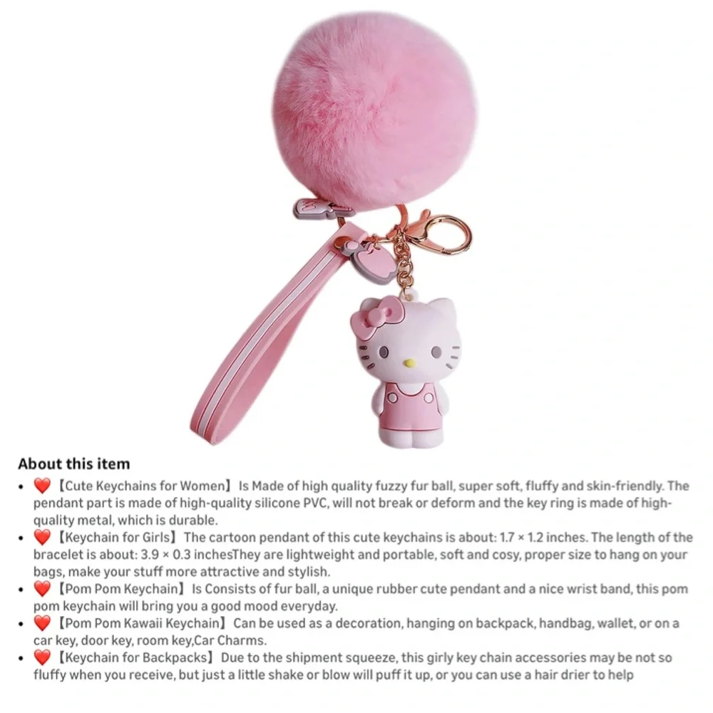 Hello Kitty Pink Fluffy Pom Pom Keychain • NIP